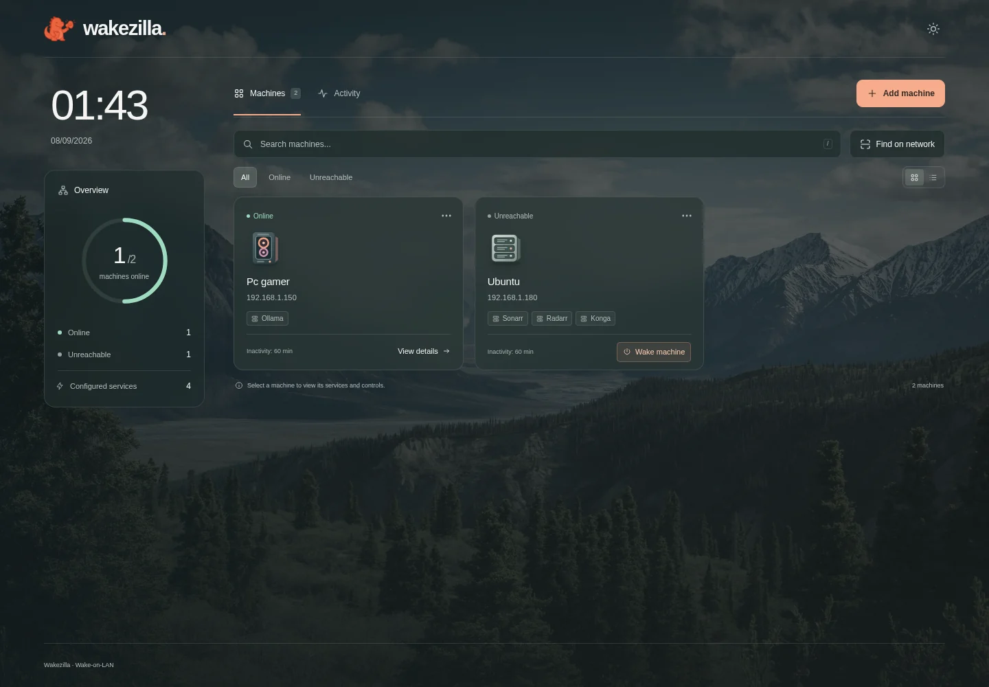 Wakezilla dashboard showing machine status and configured services