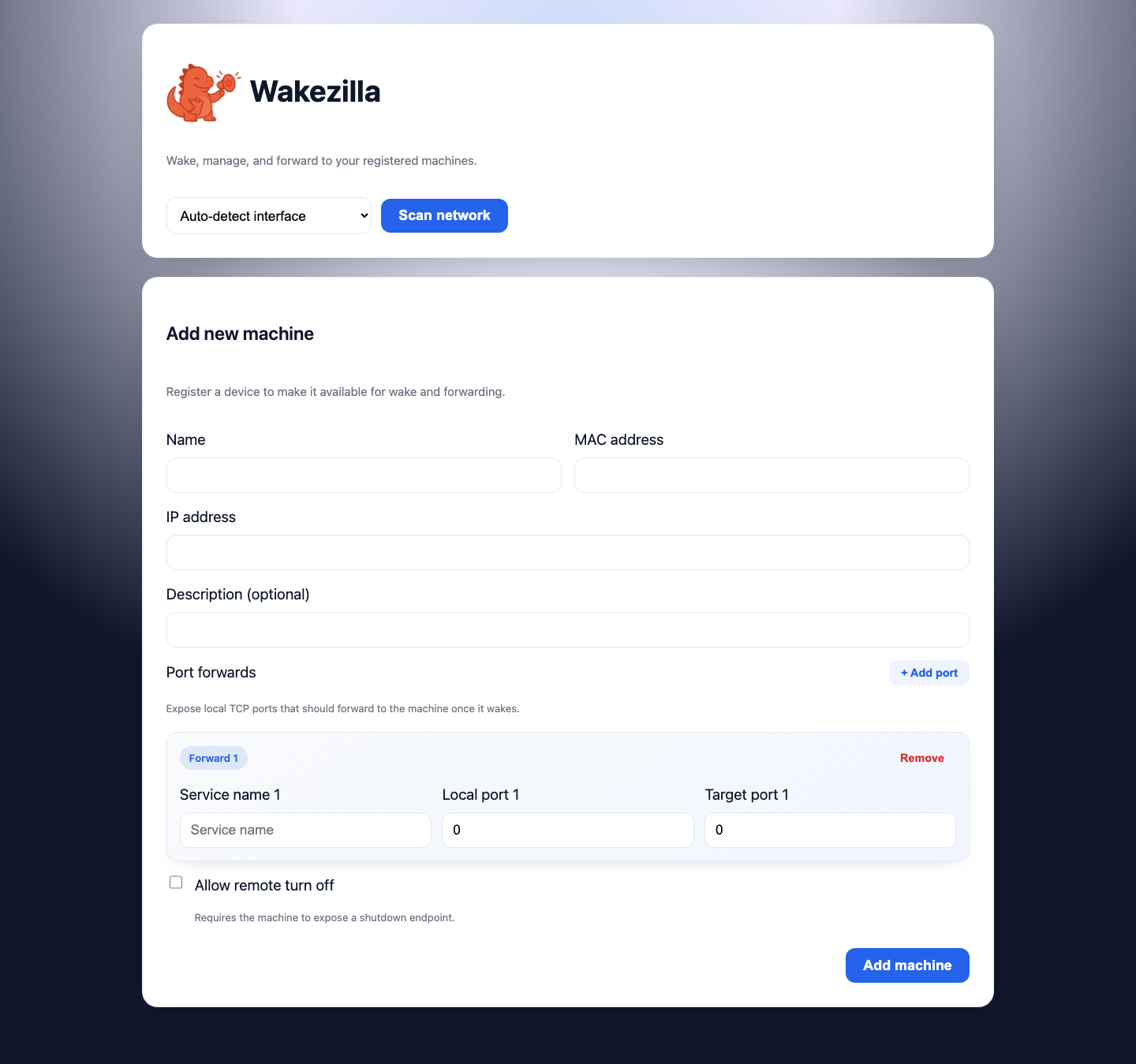 Wakezilla dashboard with the machine form and first port forward