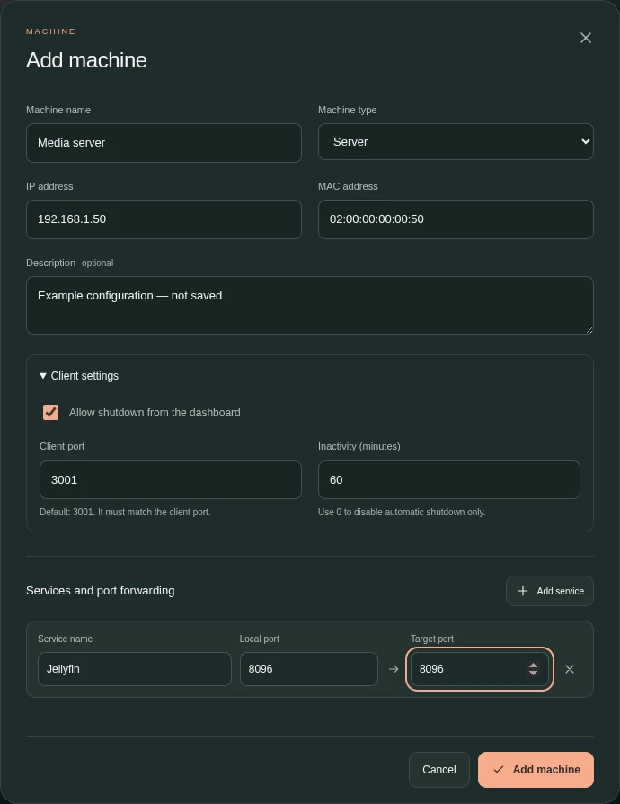 Add machine window with client settings and an unsaved example Jellyfin service