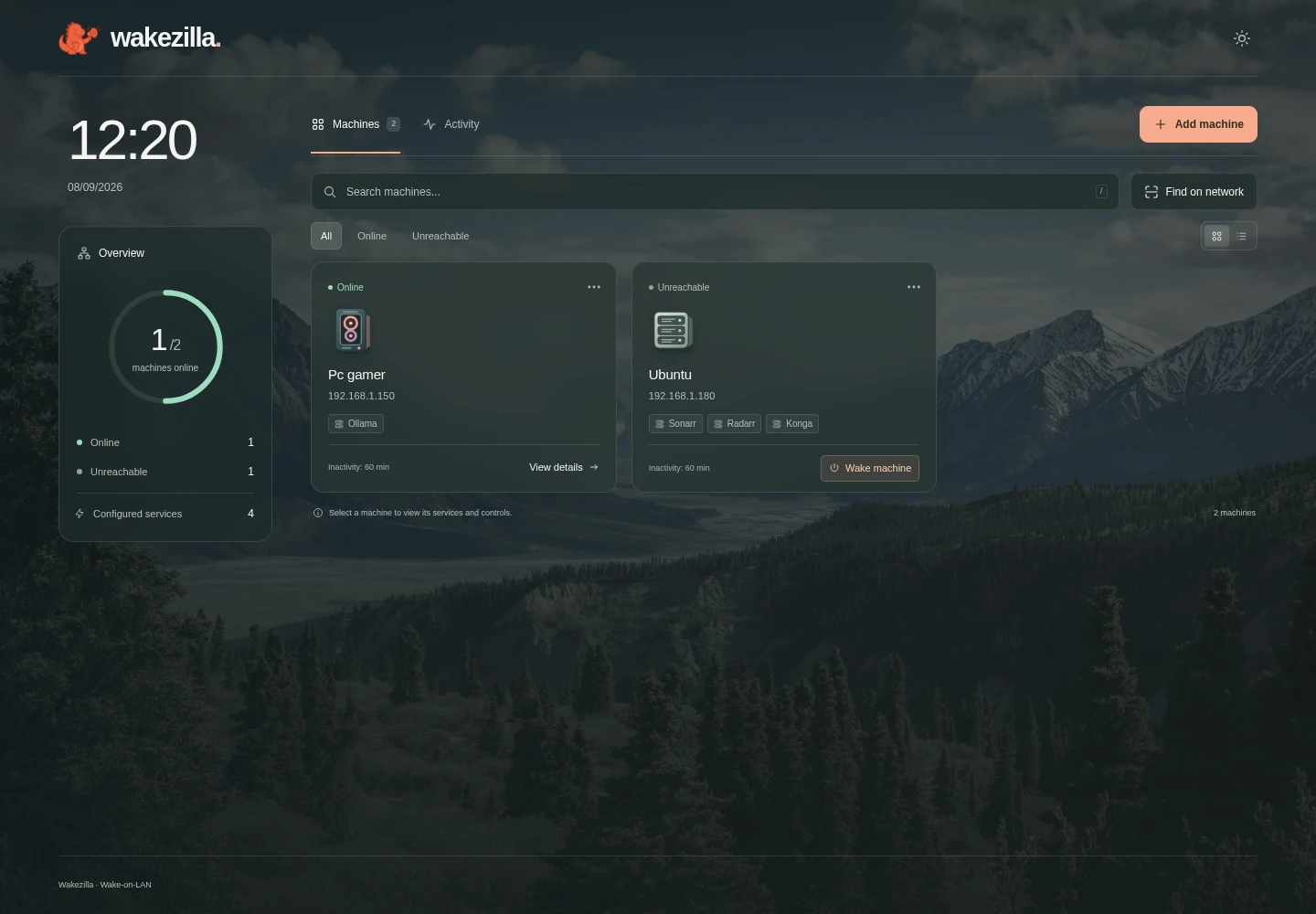 Wakezilla dashboard with the Overview summary, machine cards, status filters, and configured services