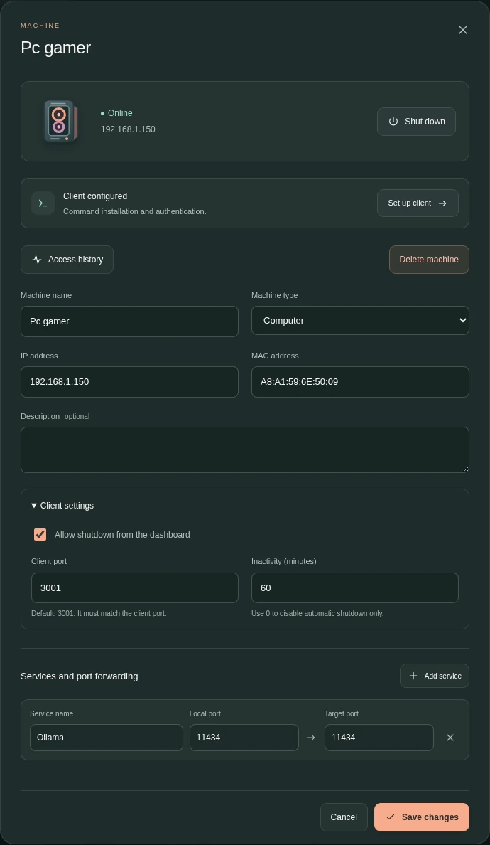 Current machine details window with client setup status, editable settings, and an Ollama service
