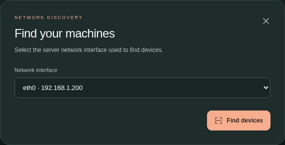Find your machines window with the Network interface selector and Find devices action, before a scan