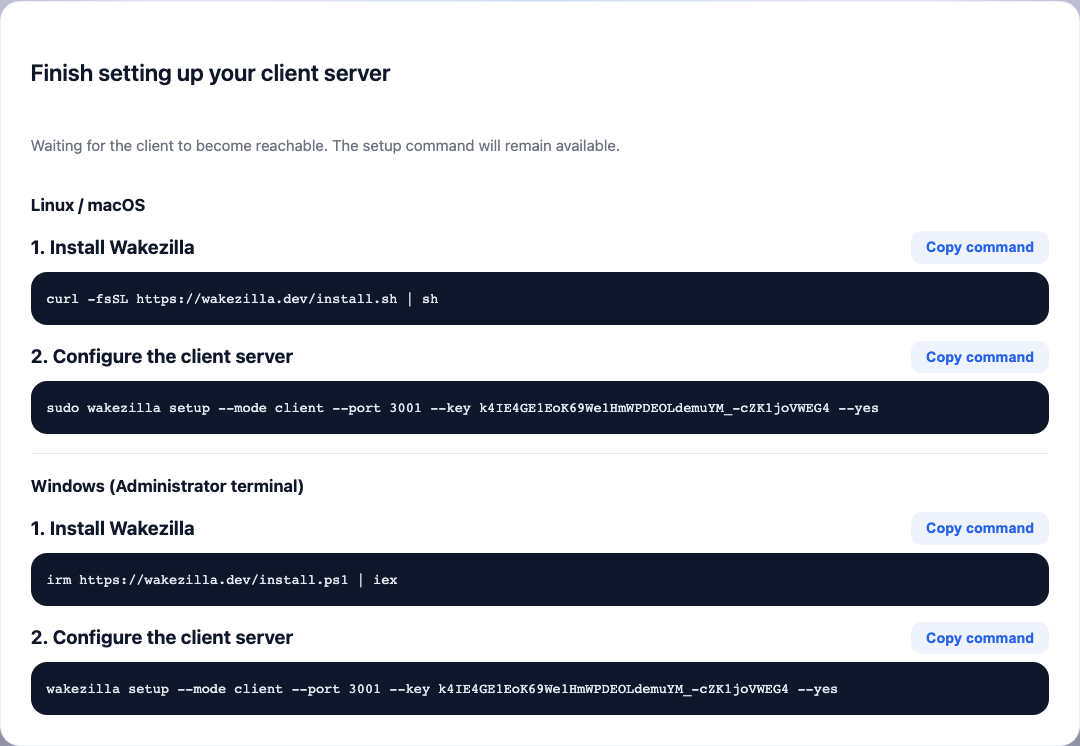 Machine setup card with generated installation and secure client configuration commands for Linux, macOS, and Windows