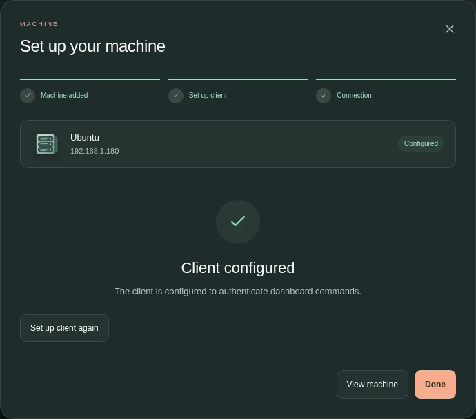 Set up your machine window after successful client verification, showing Client configured