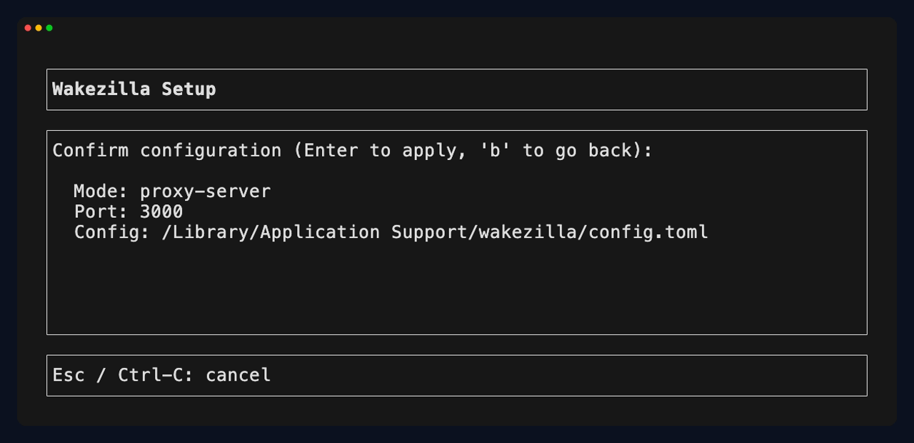 Wakezilla setup wizard confirming proxy server port 3000 and the macOS configuration path