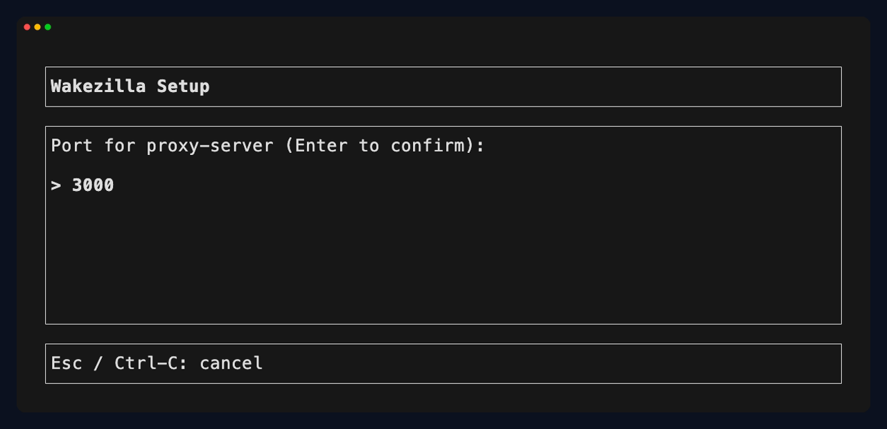 Wakezilla setup wizard asking for the proxy server port